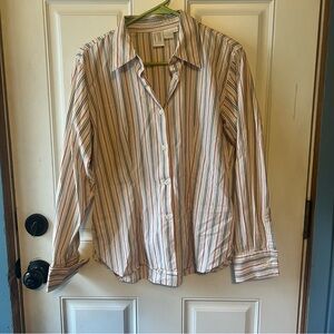 CW Clifford White Striped Button-Up Shirt in Cream with Red & Navy Stripes